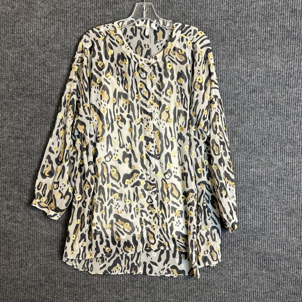 Cato Womens Blouse Size Large Button Front Sheer Animal Print Long Sleeve Boho